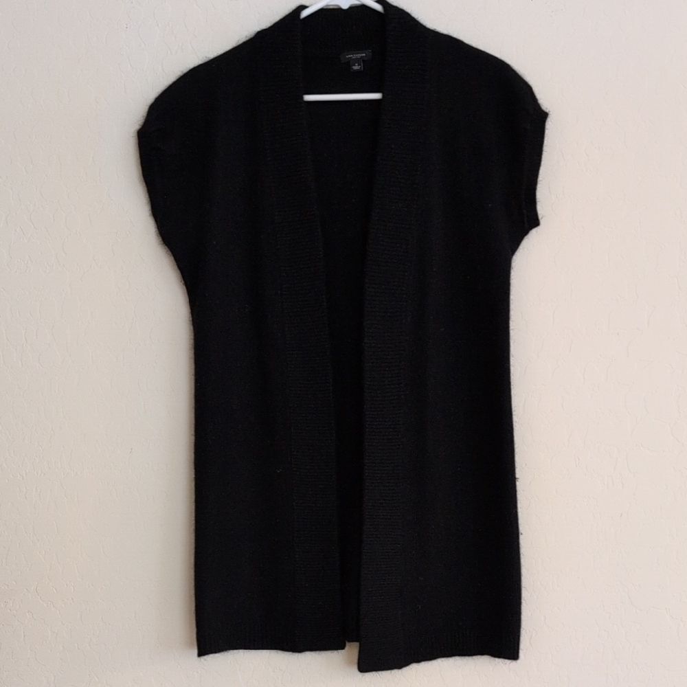 Ann Taylor Rabbit Hair Cardigan Black Tunic Short Sleeve Sweater - Size S